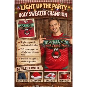 Ugly‎ Christmas Sweater Mens Medium Reindeer Lights 3D Nose Knit Pullover Retro
